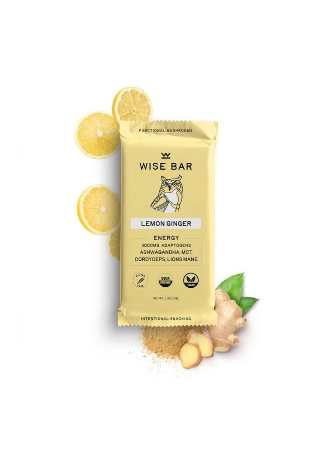 Wise Bar Adaptogen Mushroom Nutrition Bars | Lemon Ginger Flavor | 12 Count | Daily Dose Of 3,000Mg Functional Mushrooms And Adaptogens Per Bar | Organic Nutrition Bars, Vegan Nutrition Bars, Gluten Free Nutrition Bars | Date Based | Cordyceps, Ashwagandha, Mct, Lion'S Mane | Energy