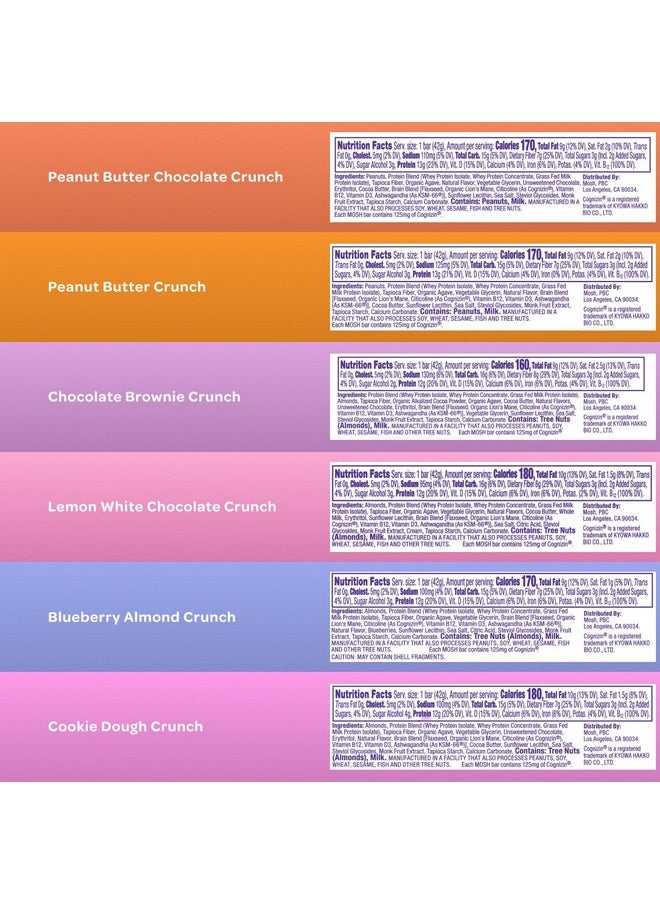 MOSH Variety Pack Keto Protein Bars, High Fiber, Low Carb, Gluten Free, High Protein, Brain Healthy Snack with Ashwagandha, Lion's Mane, 6 Count