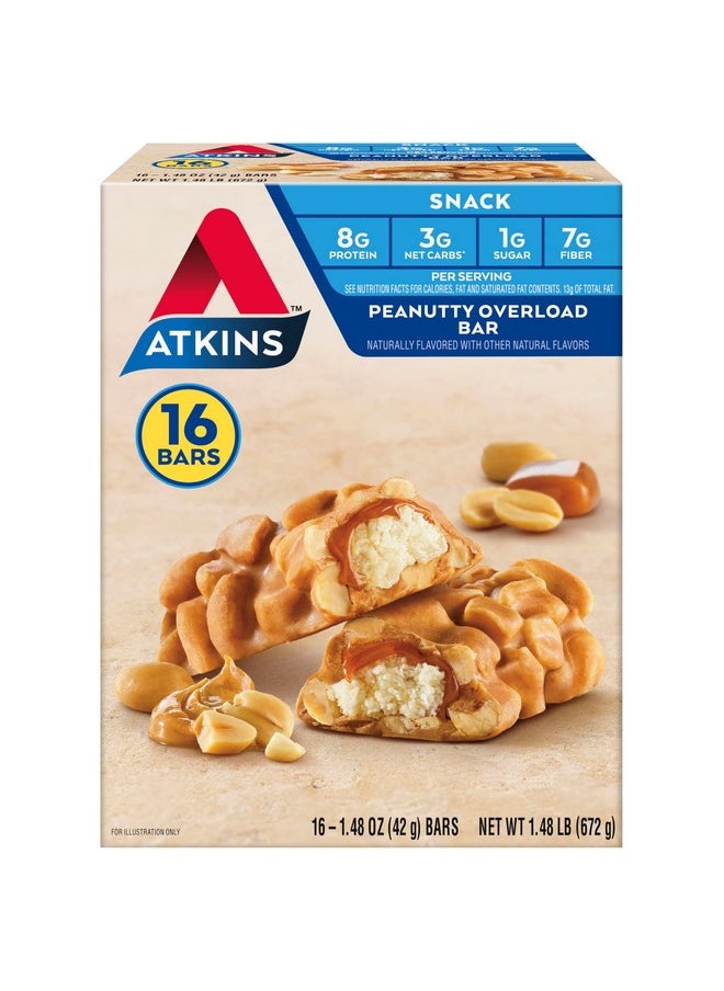 Atkins Snack Bar, Peanutty Overload, 8g Protein, 7g Fiber, 3g Net Carbs, Keto Friendly, 16 Count