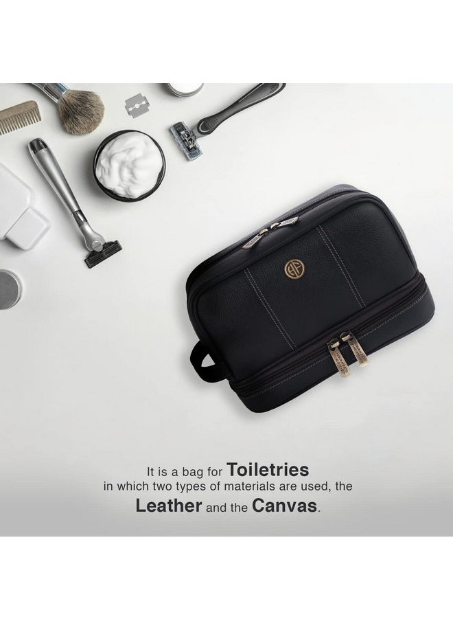 HAMMONDS FLYCATCHER 11Cms Genuine Leather Toiletry Kit Bag For Me Leather Dopp Kit Shaving Kit Bag Travel Toiletry Bag Grooming Kit Organizer Hand Stitched Vanity Case(L_S_Tc4003_Blk_Black),Free Size