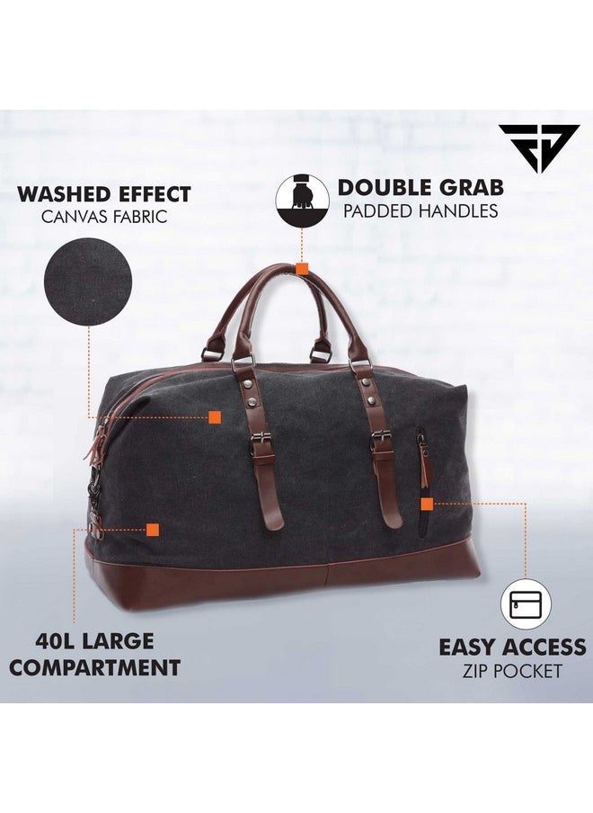Fur Jaden 40L Canvas Weekender Travel Duffle Cabin Bag with Detachable Shoulder Strap (Black)