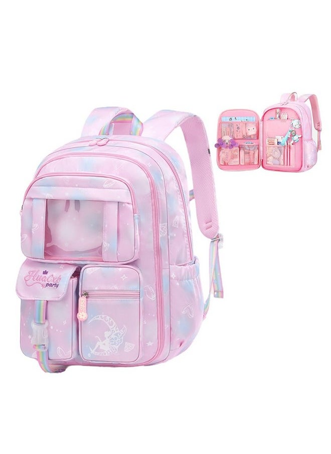 PALAY® School Backpacks for Girls Stylish School Bags for Girls Kids 7-12 Years Old Cartoon Water Resistant Backpack Durable Burden Relief School Bag Children's Day Birthday Gift for Girls - Pink