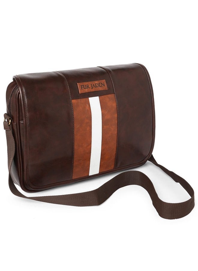 FUR JADEN Faux Leather Water Resistant Cross Body Travel Office Business and College Messenger One Side Shoulder Satchel Bag for Men & Women with 14 Inch Laptop Compartment (Brown)