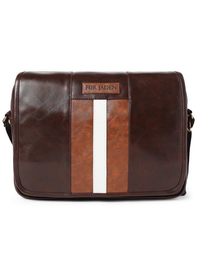 FUR JADEN Faux Leather Water Resistant Cross Body Travel Office Business and College Messenger One Side Shoulder Satchel Bag for Men & Women with 14 Inch Laptop Compartment (Brown)