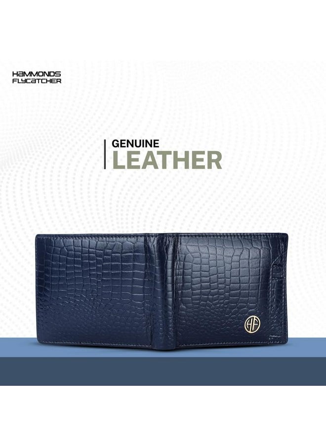HAMMONDS FLYCATCHER Genuine Leather Wallet for Men - RFID Protected Leather Purse for Men, Money Purse for Men, Bi-Fold Wallet - 6 Card Slots, 1 Card Case, Coin Pocket, Hidden Pockets - Croc Blue