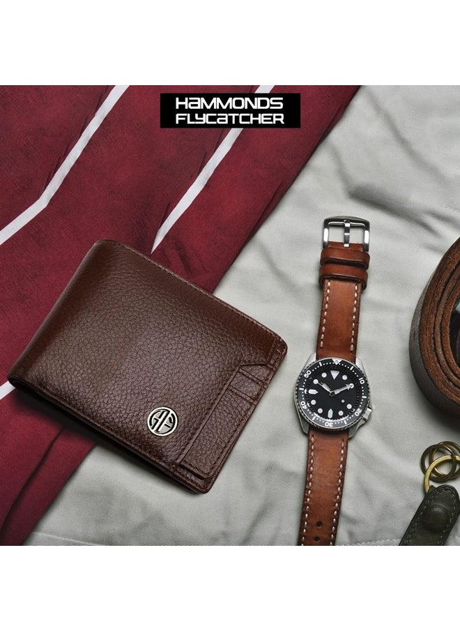HAMMONDS FLYCATCHER Genuine Leather Wallet for Men - RFID Protected Leather Purse for Men, Money Purse for Men, Bi-Fold Wallet - 6 Card Slots, 1 Card Case, Coin Pocket, Hidden Pockets - Brushwood