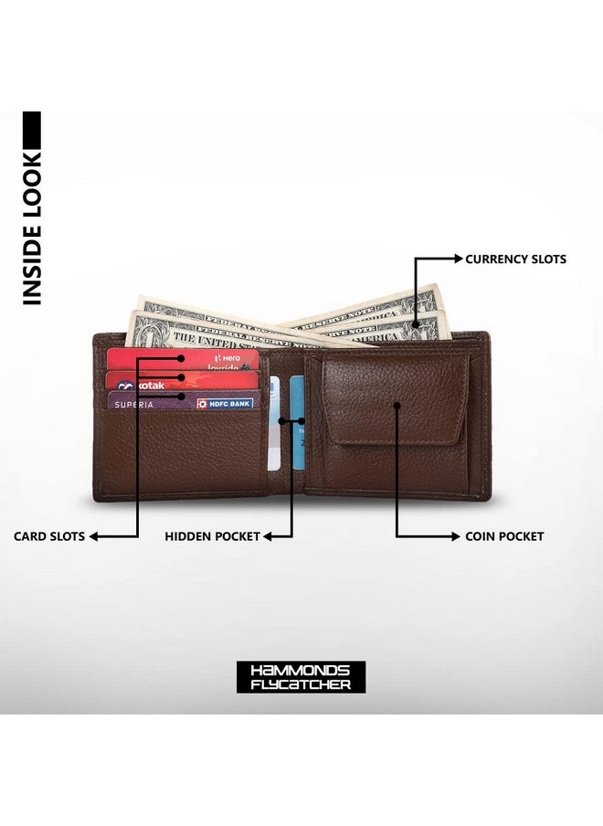 HAMMONDS FLYCATCHER Genuine Leather Wallet for Men - RFID Protected Leather Purse for Men, Money Purse for Men, Bi-Fold Wallet - 6 Card Slots, 1 Card Case, Coin Pocket, Hidden Pockets - Brushwood