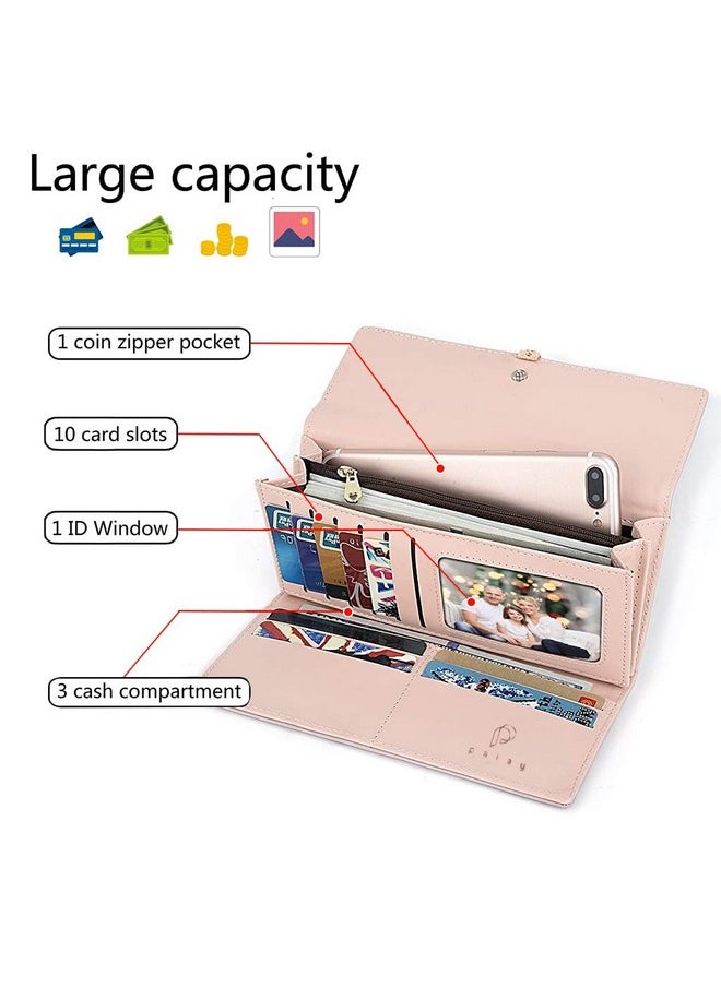 PALAY® Women's PU Leather Long Wallet with Leaf Pendant Card Holders Phone Pocket Girls Zipper Coin Purse (Pink)