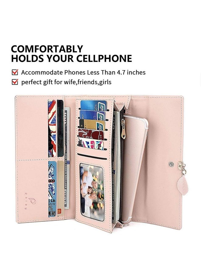 PALAY® Women's PU Leather Long Wallet with Leaf Pendant Card Holders Phone Pocket Girls Zipper Coin Purse (Pink)