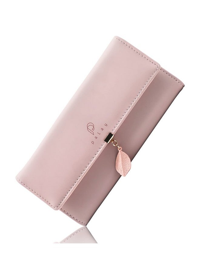 PALAY® Women's PU Leather Long Wallet with Leaf Pendant Card Holders Phone Pocket Girls Zipper Coin Purse (Pink)