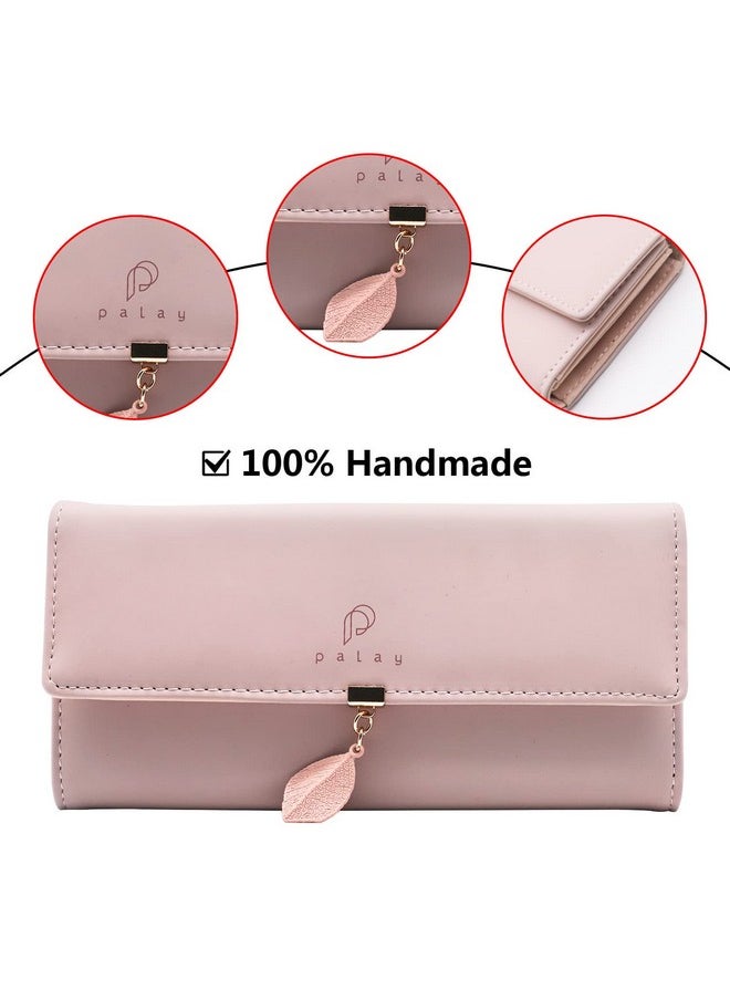 PALAY® Women's PU Leather Long Wallet with Leaf Pendant Card Holders Phone Pocket Girls Zipper Coin Purse (Pink)