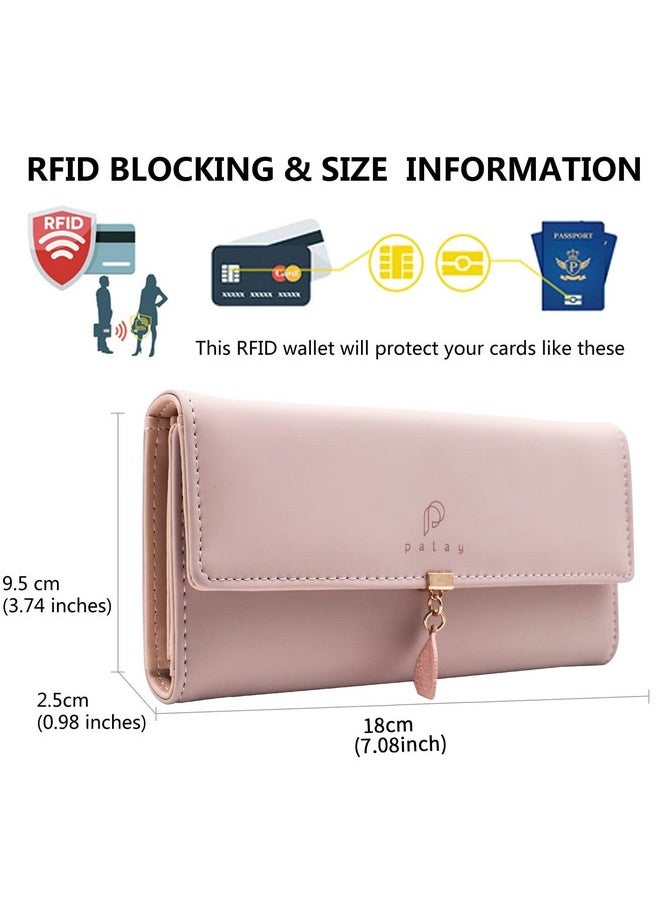 PALAY® Women's PU Leather Long Wallet with Leaf Pendant Card Holders Phone Pocket Girls Zipper Coin Purse (Pink)