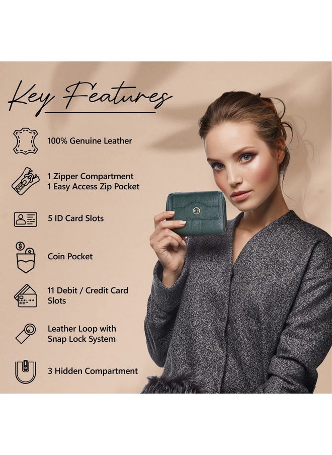 HAMMONDS FLYCATCHER wallet for women - Genuine Leather Ladies Wallet - Green - 14 Card Slots - RFID Protection - 3 ID Card Slots - Women's Wallet - Button Closure -Hand Wallet - Daily Use, Money Purse