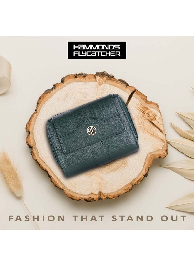 HAMMONDS FLYCATCHER wallet for women - Genuine Leather Ladies Wallet - Green - 14 Card Slots - RFID Protection - 3 ID Card Slots - Women's Wallet - Button Closure -Hand Wallet - Daily Use, Money Purse