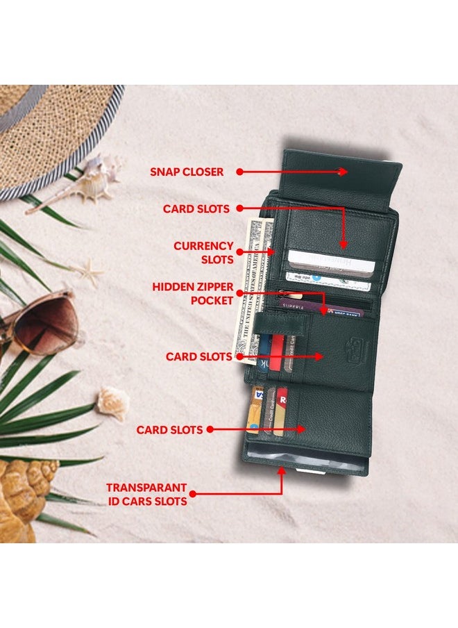 HAMMONDS FLYCATCHER wallet for women - Genuine Leather Ladies Wallet - Green - 14 Card Slots - RFID Protection - 3 ID Card Slots - Women's Wallet - Button Closure -Hand Wallet - Daily Use, Money Purse