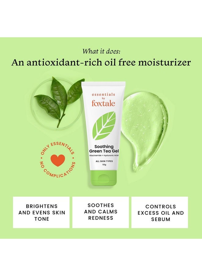 FoxTale (Pack Of 2) Essentials Green Tea Oil-Free Gel Moisturizer For Face | Hyaluronic Acid, Niacinamide, Brightens And Prevents Acne | Lightweight For Oily, Acne-Prone Skin | Men & Women - 50G