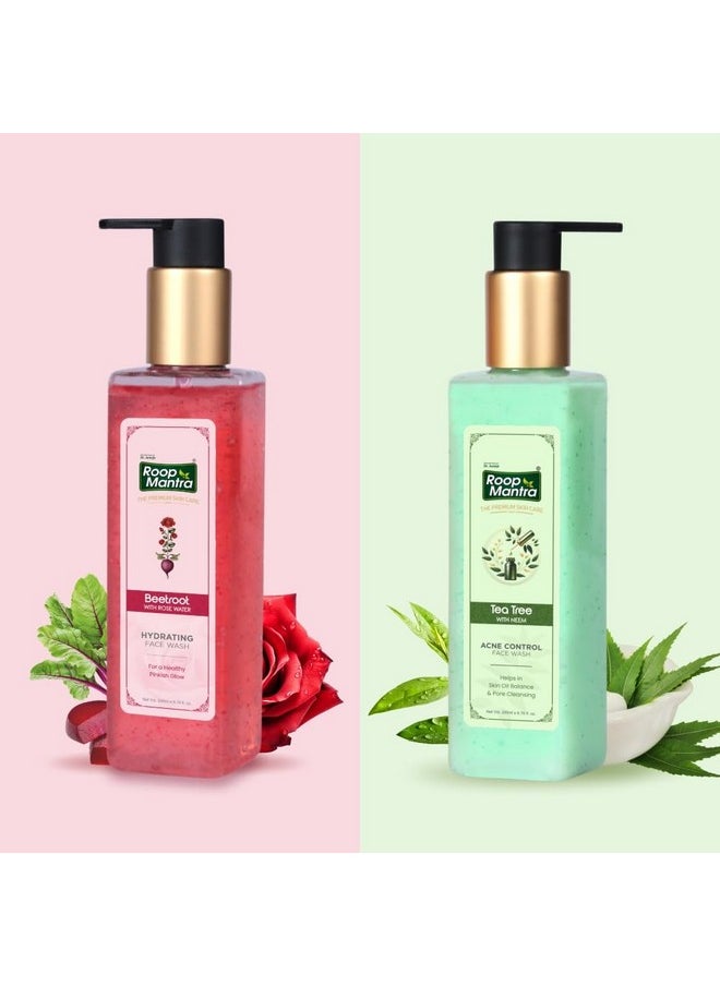 Roop Mantra Beetroot with Rose Water & Tea Tree with Neem Premium Facewash Combo for Healthy Pinkish Glow, Hydrates & Soothes Skin, Acne & Pimples, Skin Oil Balance - 200ml X 2