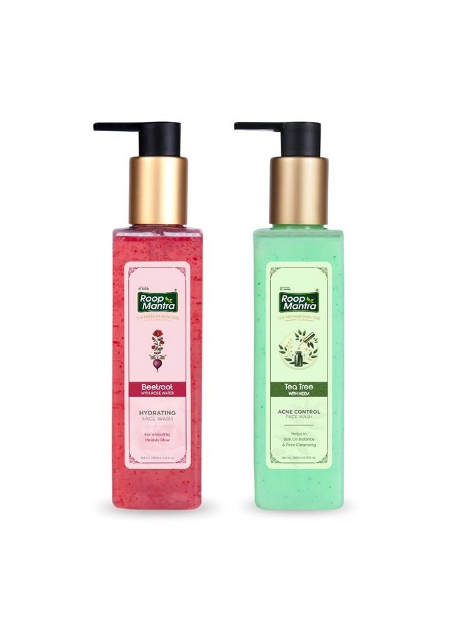 Roop Mantra Beetroot with Rose Water & Tea Tree with Neem Premium Facewash Combo for Healthy Pinkish Glow, Hydrates & Soothes Skin, Acne & Pimples, Skin Oil Balance - 200ml X 2