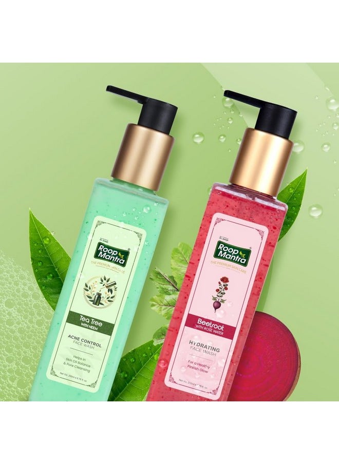 Roop Mantra Beetroot with Rose Water & Tea Tree with Neem Premium Facewash Combo for Healthy Pinkish Glow, Hydrates & Soothes Skin, Acne & Pimples, Skin Oil Balance - 200ml X 2