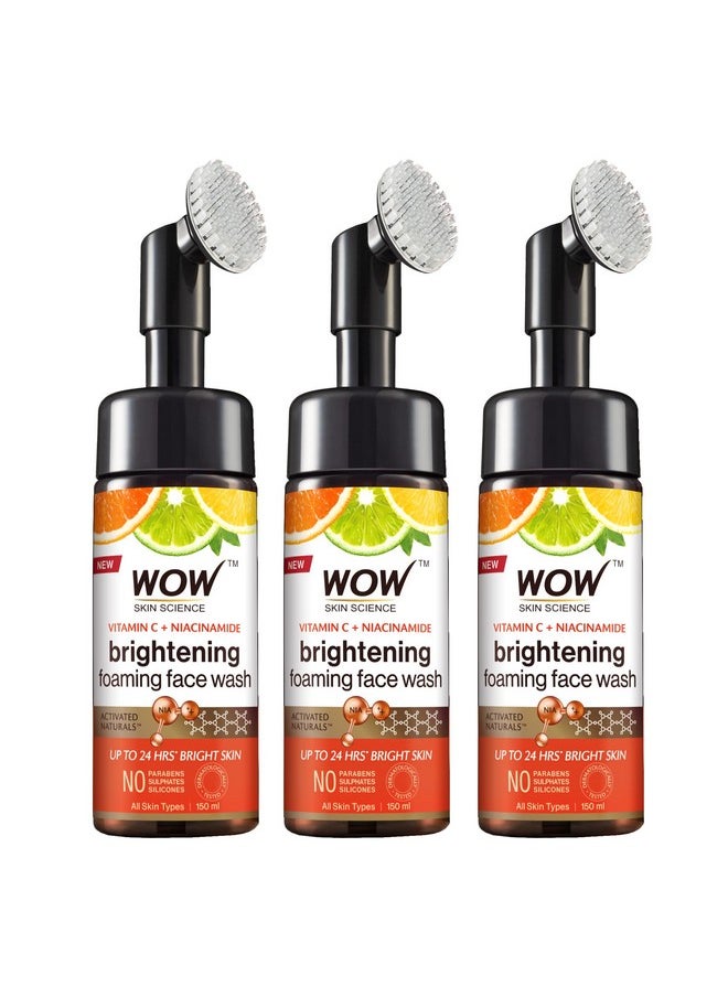 WOW Skin Science Brightening Vitamin C & Niacinamide Foaming Face Wash|For Brighter Glow|Built-in Brush for Deep Cleansing|Brightens & Evens Out Skin Tone|Face Wash for Women & Men|150ml|Pack of 3