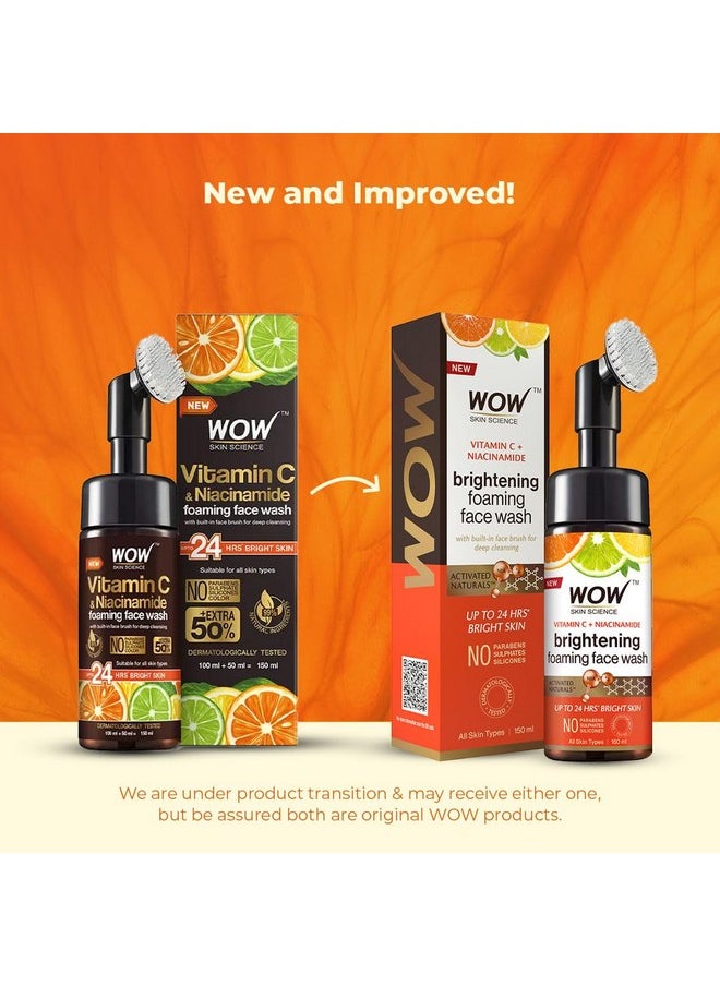WOW Skin Science Brightening Vitamin C & Niacinamide Foaming Face Wash|For Brighter Glow|Built-in Brush for Deep Cleansing|Brightens & Evens Out Skin Tone|Face Wash for Women & Men|150ml|Pack of 3