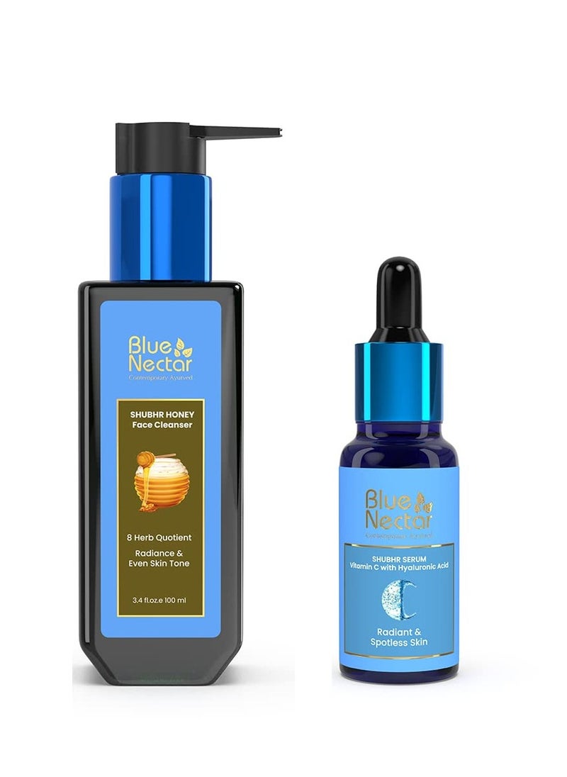 Blue Nectar Honey Aloe Vera Detan Face Wash with Natural Vitamin E (3.38 Fl Oz) with Vitamin C Face Serum with Natural Hyaluronic Acid (1 Fl Oz)