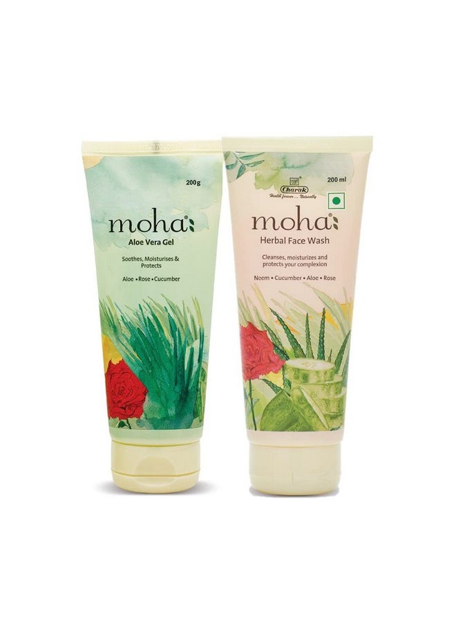 moha: Aloe Vera Gel 200 gm and Herbal Face Wash 200 ML | Face Wash With Goodness Of Neem, Aleovera, Cucumber, Rose Combo Pack
