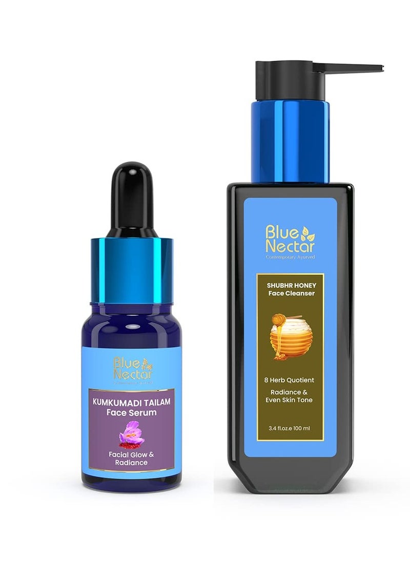 Blue Nectar Kumkumadi Face Oil for Radiant Skin with Natural Herbs (0.33 Fl Oz) & Honey Aloe Vera Detan Face Wash with Natural Vitamin E (3.38 Fl Oz)