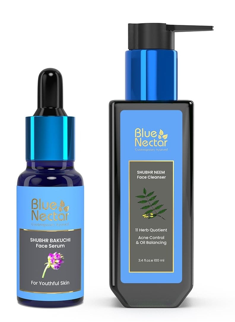 Blue Nectar Vitamin C Neem Face Cleanser for youthful, radiant skin(3.38Fl Oz).& Bakuchiol Anti Aging Serum for Fine Lines (1 Fl Oz)