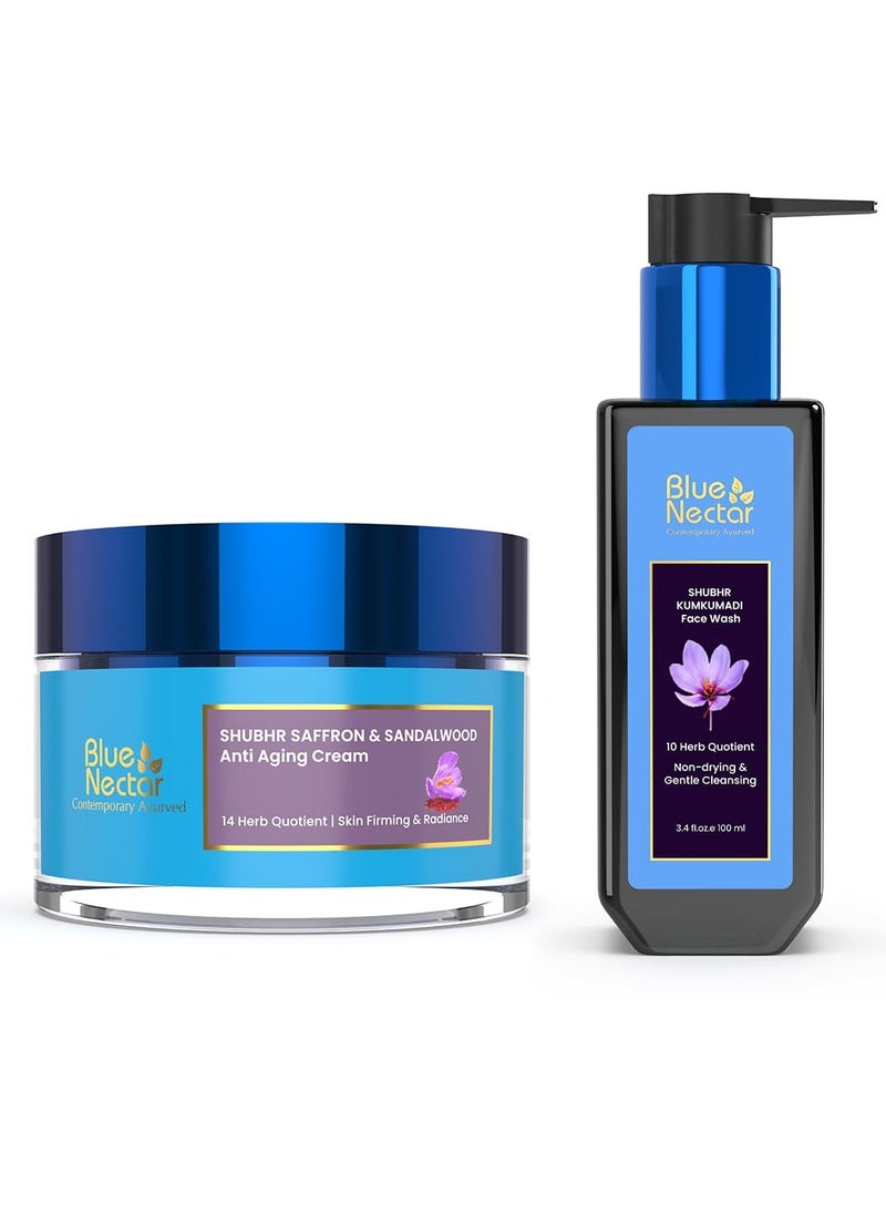 Blue Nectar Anti Aging Saffron Face Moisturiser for Women (1.7 Fl Oz) along with Kumkumadi Face wash with Saffron for Women & Men (3.38 Fl Oz)