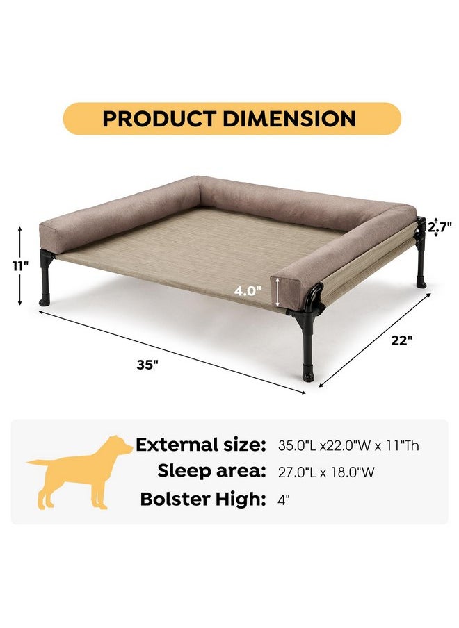 Veehoo Elevated Raised Dog Bed-Cooling Outdoor Dog Cot Bed for Large Sized Dogs Three-Sided Fence Raised Pet Cot with Mesh &No-Slip Feet Dog Hammock Bed with Removable Bolster-35 x 22