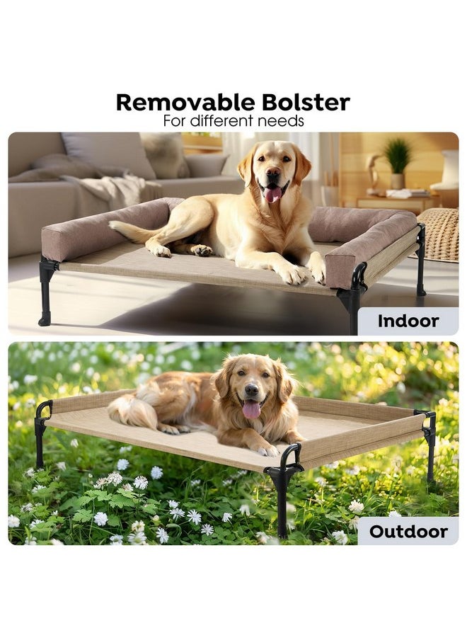 Veehoo Elevated Raised Dog Bed-Cooling Outdoor Dog Cot Bed for Large Sized Dogs Three-Sided Fence Raised Pet Cot with Mesh &No-Slip Feet Dog Hammock Bed with Removable Bolster-35 x 22