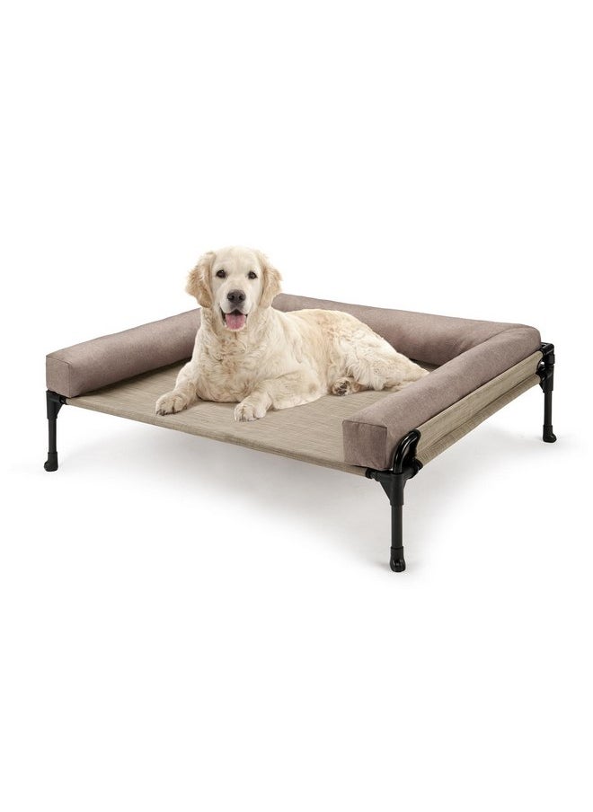 Veehoo Elevated Raised Dog Bed-Cooling Outdoor Dog Cot Bed for Large Sized Dogs Three-Sided Fence Raised Pet Cot with Mesh &No-Slip Feet Dog Hammock Bed with Removable Bolster-35 x 22