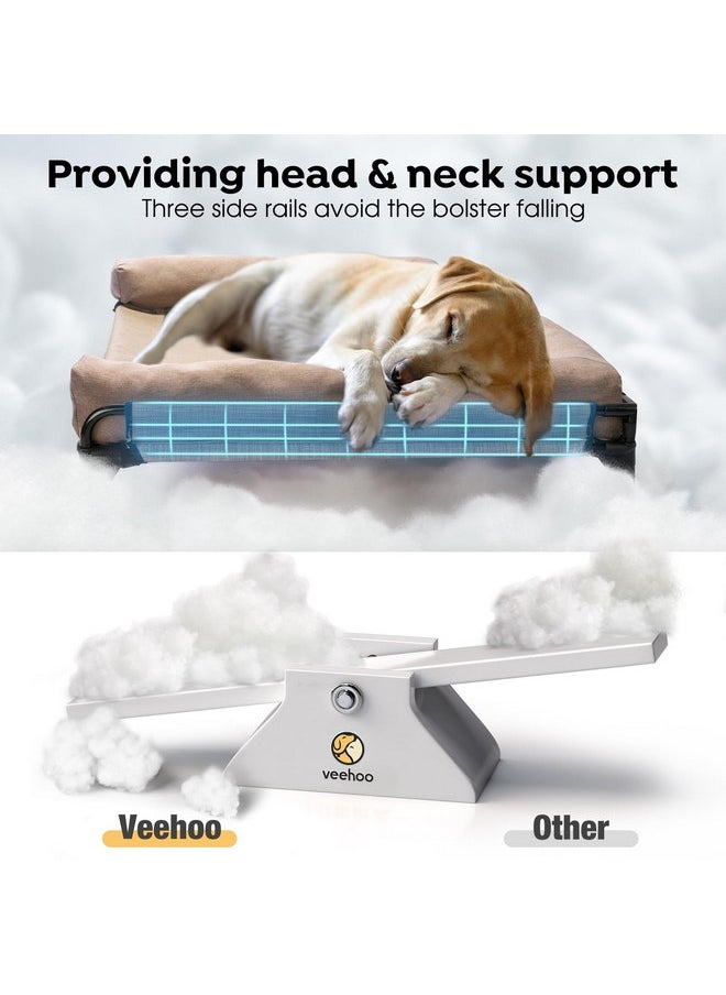 Veehoo Elevated Raised Dog Bed-Cooling Outdoor Dog Cot Bed for Large Sized Dogs Three-Sided Fence Raised Pet Cot with Mesh &No-Slip Feet Dog Hammock Bed with Removable Bolster-35 x 22