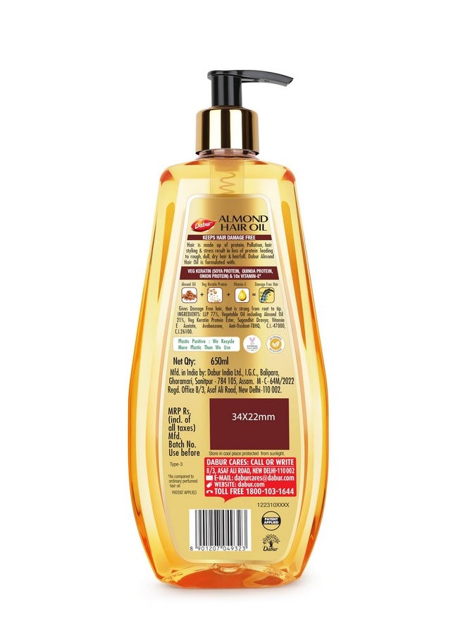 Dabur Almond Hair Oil - 650 ml | Provides Damage Protection | Non Sticky Formula | For Hair Fall control & Shiny Hair | Light Hair Oil with Almonds, Keratin Protein, Soya Protein & 10X Vitamin E