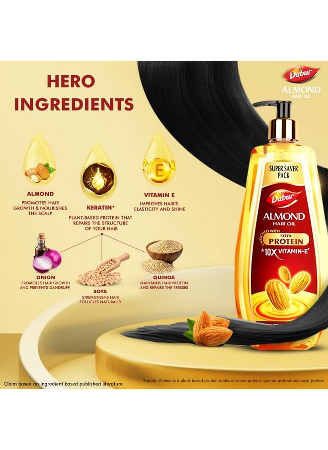 Dabur Almond Hair Oil - 650 ml | Provides Damage Protection | Non Sticky Formula | For Hair Fall control & Shiny Hair | Light Hair Oil with Almonds, Keratin Protein, Soya Protein & 10X Vitamin E