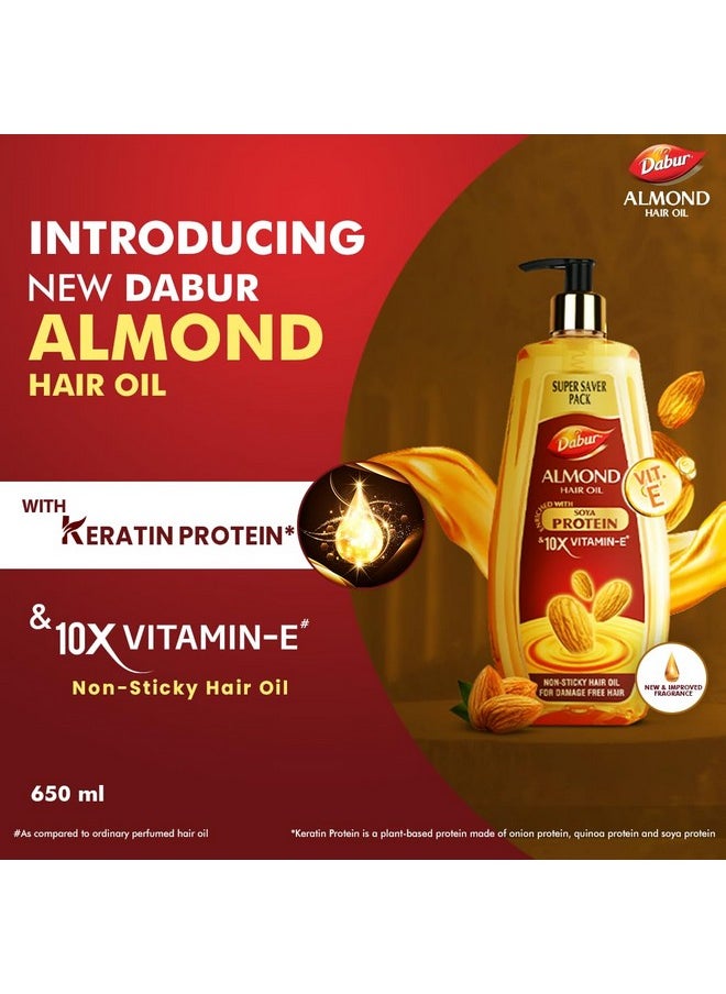 Dabur Almond Hair Oil - 650 ml | Provides Damage Protection | Non Sticky Formula | For Hair Fall control & Shiny Hair | Light Hair Oil with Almonds, Keratin Protein, Soya Protein & 10X Vitamin E