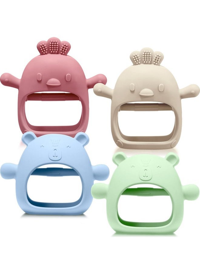 Woanger 4 Pcs Baby Teething Toys Bear Hand Teethers for Babies Silicone Chick Teething Toys for Babies Over 6 Months Anti Dropping Wrist Mitten for Sucking Needs (Blue, Dark Green, Yellow, Maroon)