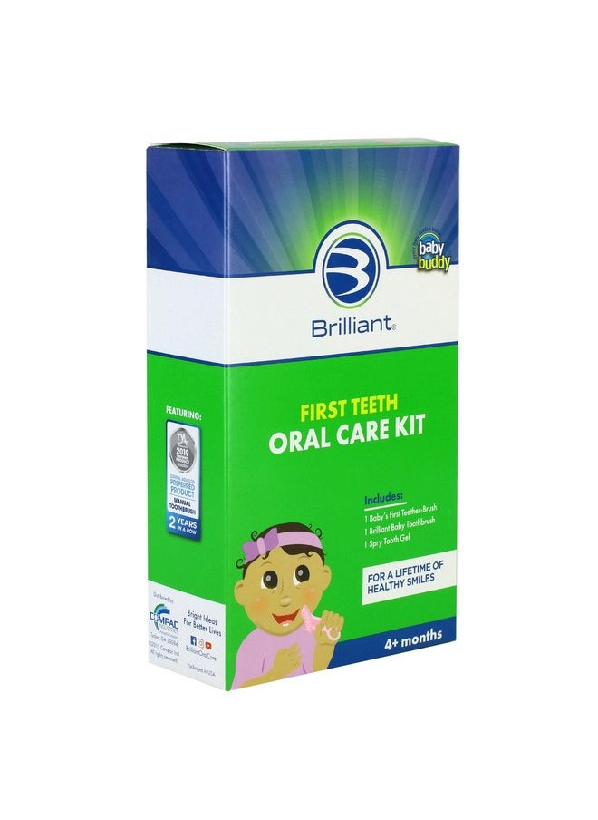 First Teeth Oral Care Kit by Brilliant Oral Care- Set has Baby's 1st Teether-Brush, Brilliant Baby Toothbrush and 2oz Spry Xylitol Tooth Gel, Infants Age 4 Months Old and Up, Baby Must Haves, Blue