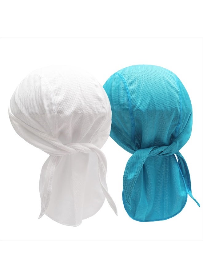 Sweat Wicking Do Rags Skull Cap for Men Women Thin Dew Rag Bandana Cycling Helmet Liner Beanie (Solid White&Blue)