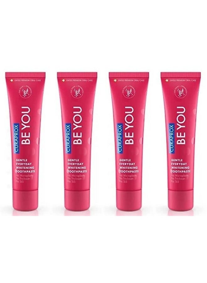 Curaprox BeYou Toothpaste 60ml - Gentle Everyday Whitening Toothpaste - SLS Free, Microplastic Free, Triclosan Free, Fluoride Toothpaste (Red) x Pack of 4