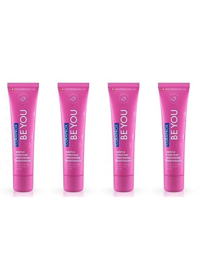 Curaprox BeYou Toothpaste 60ml - Gentle Everyday Whitening Toothpaste - SLS Free, Microplastic Free, Triclosan Free, Fluoride Toothpaste (Pink) x Pack of 4