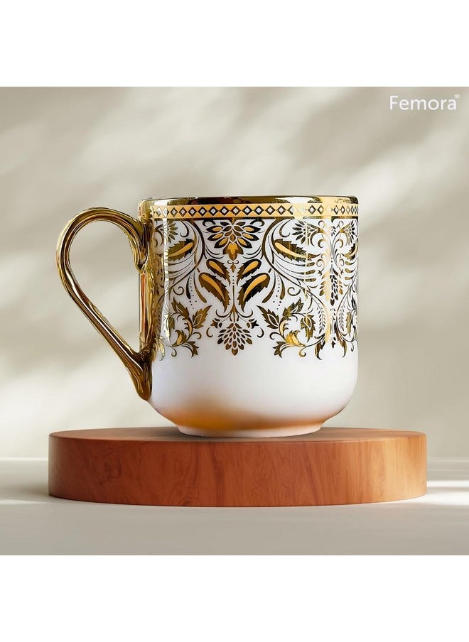 Femora Premium Ceramic Royal Leaves Coffee & Tea Cup Set of 6, 180 ML, Golden