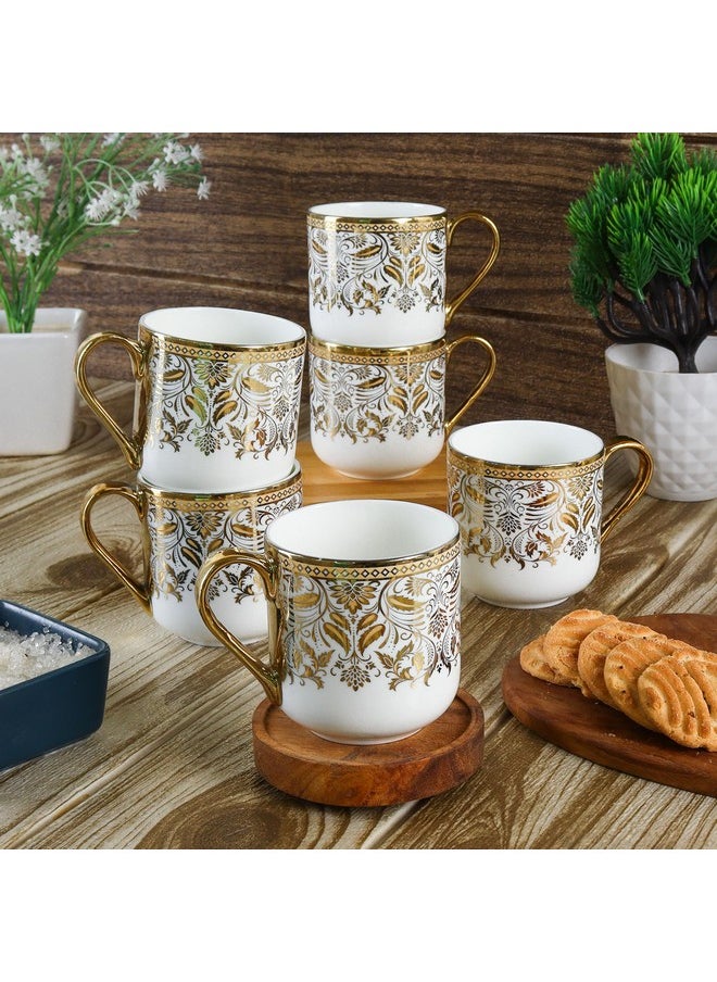 Femora Premium Ceramic Royal Leaves Coffee & Tea Cup Set of 6, 180 ML, Golden