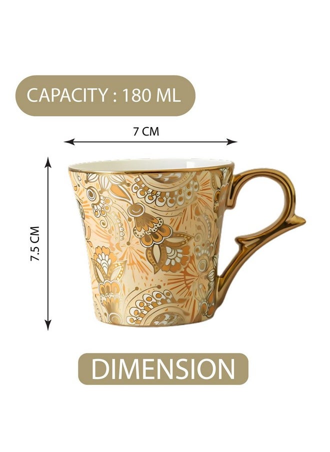 Femora Bridal Mahendi Gold Print Ceramic Tea and Coffee Mugs, (180 ml, Golden) - 6 Pcs Set (NOT Microwave Safe)