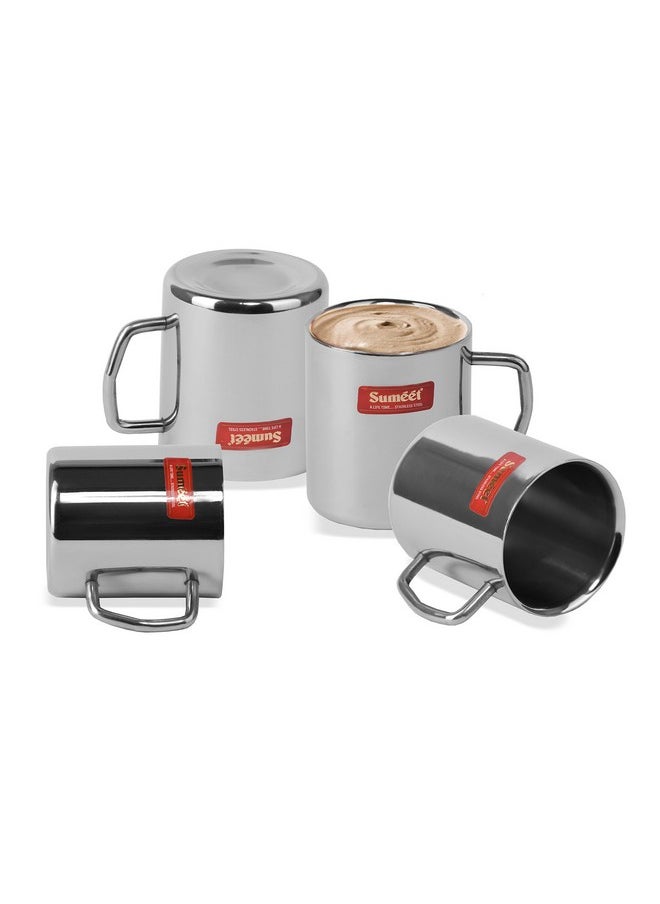 Sumeet Stainless Steel Double Wall Tea and Coffee Medium Mug set of 4Pcs (210 Ml Each)