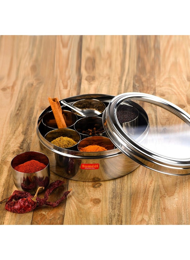 Sumeet Stainless Steel Round Masala (Spice) BoxOrganiser with See Through Lid With 7 Containers and Small Spoon Size 12 (2Ltr) (20.5cm), Silver