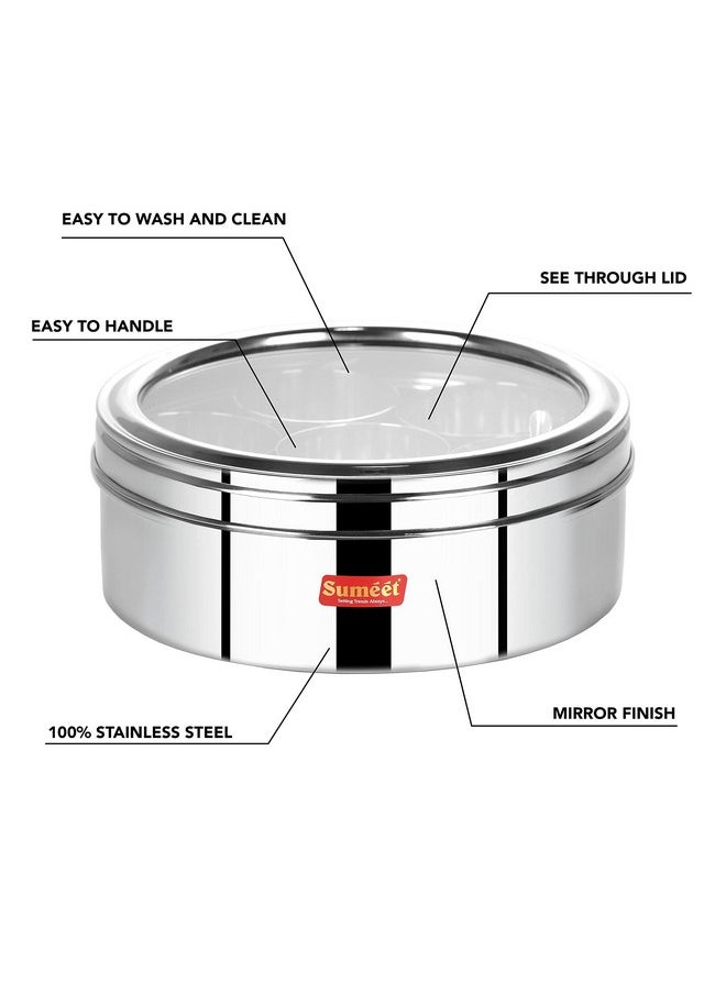 Sumeet Stainless Steel Round Masala (Spice) BoxOrganiser with See Through Lid With 7 Containers and Small Spoon Size 12 (2Ltr) (20.5cm), Silver