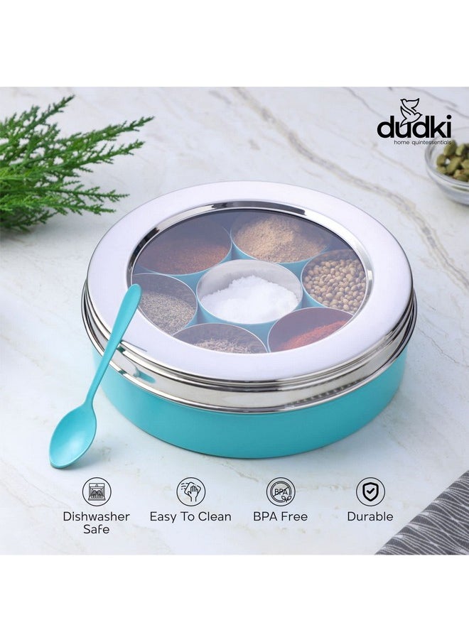 Dudki 7 In 1 Stainless Steel Spice Box For Kitchen Sturdy Masala Dabba Jar For Spices Minimal Design (Aqua), Blue