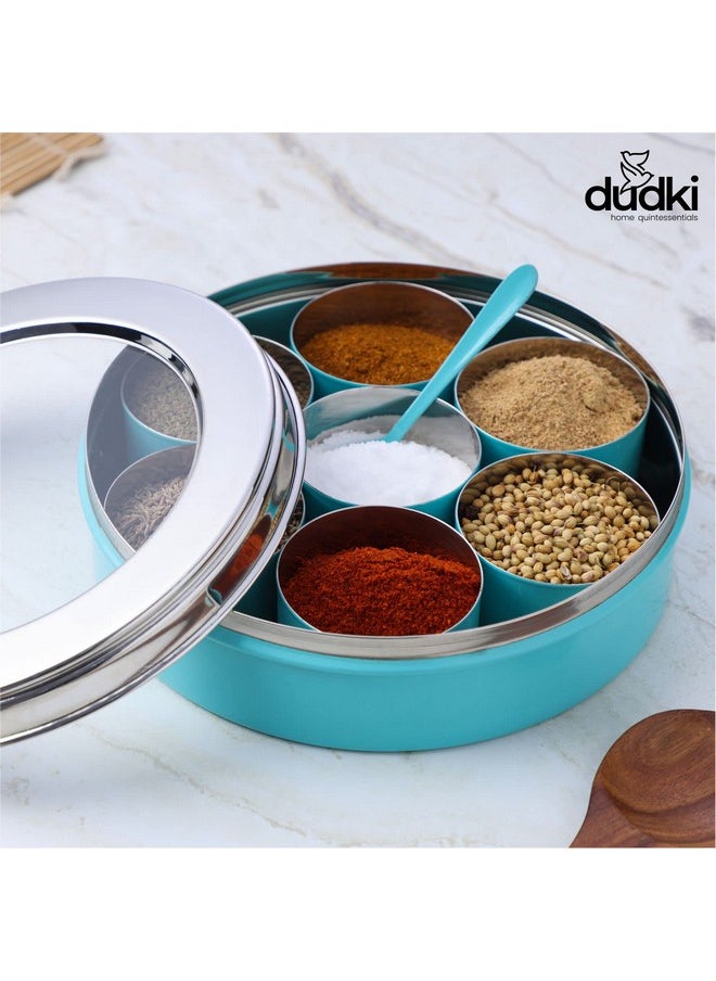 Dudki 7 In 1 Stainless Steel Spice Box For Kitchen Sturdy Masala Dabba Jar For Spices Minimal Design (Aqua), Blue